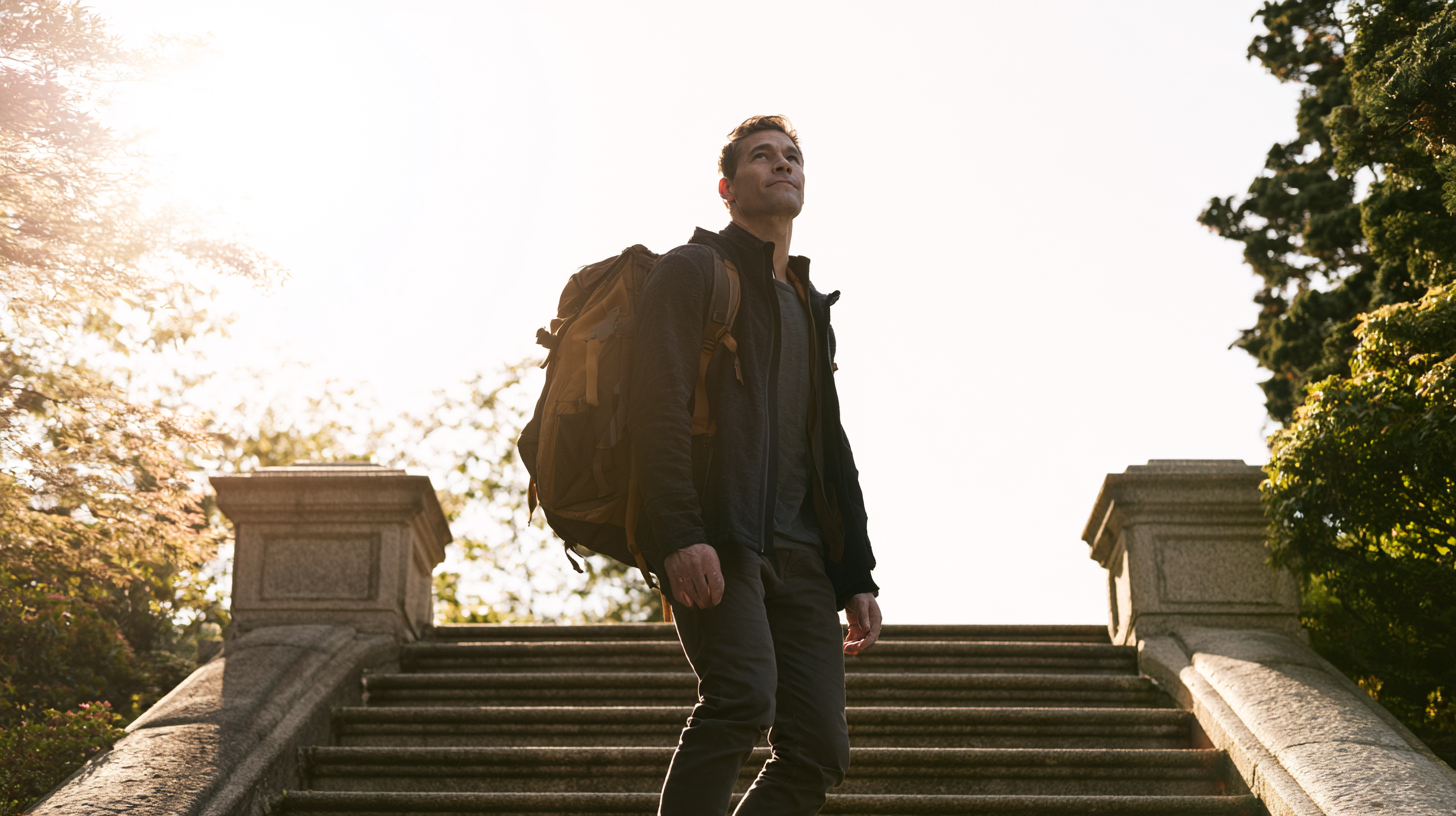 Man with a Brown Hiking Backpack Stands on Stone Steps Outdoors, Looking Upward.