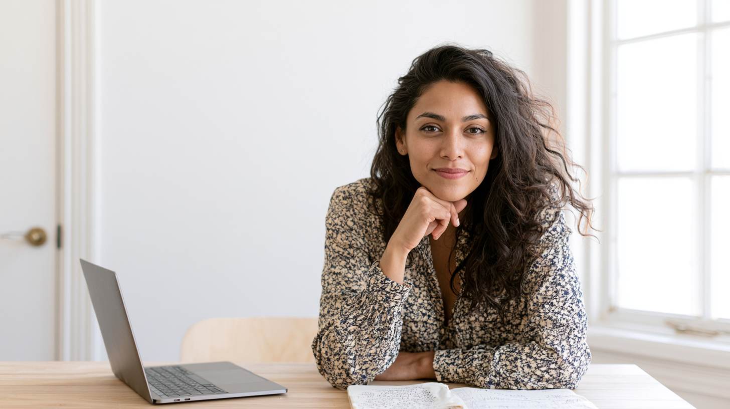 Woman with Curly Hair Sits at a Desk with an Open Laptop and Notebook, Resting Chin on Her Hand and Smiling in a Bright Room.