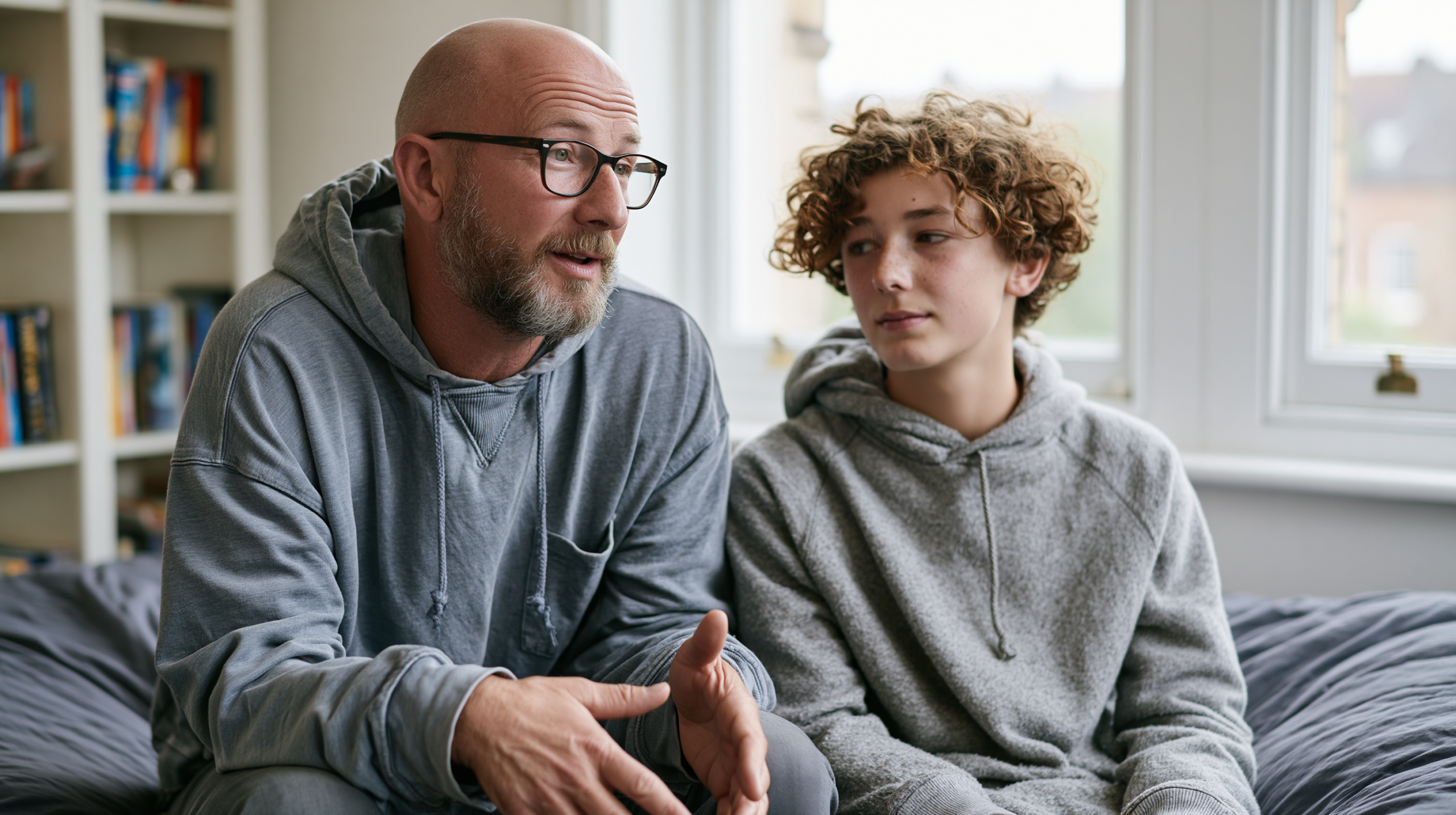 Man with Glasses and Beard Talks with a Teen Boy in a Gray Hoodie Indoors, Sitting on a Couch by a Window.