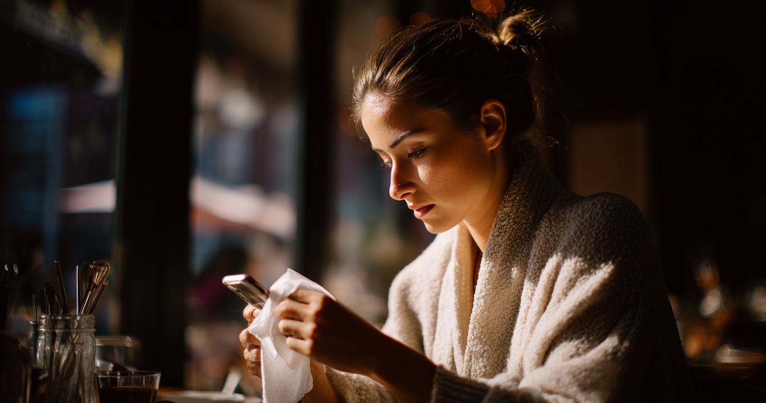 Young Woman in a Cozy Robe, Bathed in Warm Light, Scrolling on Her Phone by a Sunlit Window