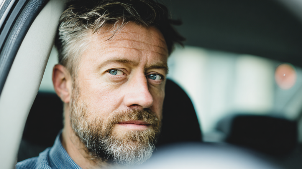 Close-up of a Middle-aged Man with Blue Eyes and a Salt-and-pepper Beard, Sitting in a Car and Looking at the Camera.