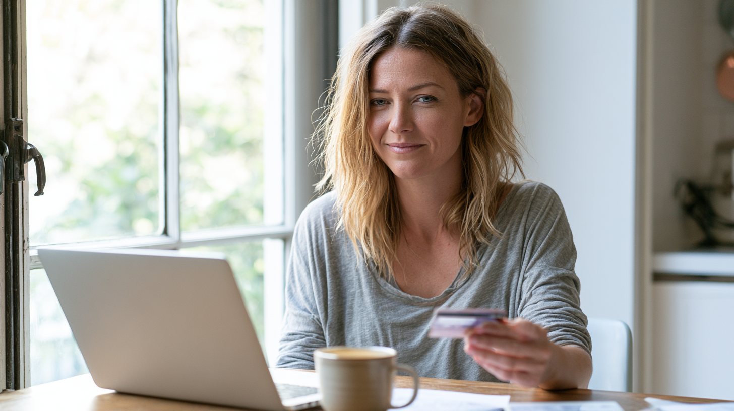 aetna-therapist-jersey-city-nj - Caring Clarity Counseling Woman Sitting at a Table with a Laptop, Holding a Credit Card As She Shops Online at Home.