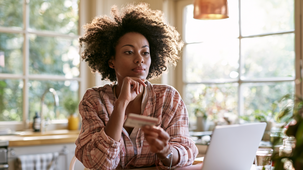 Woman Sits at a Sunlit Kitchen Table with a Laptop, Holding a Credit Card and Looking Thoughtful.