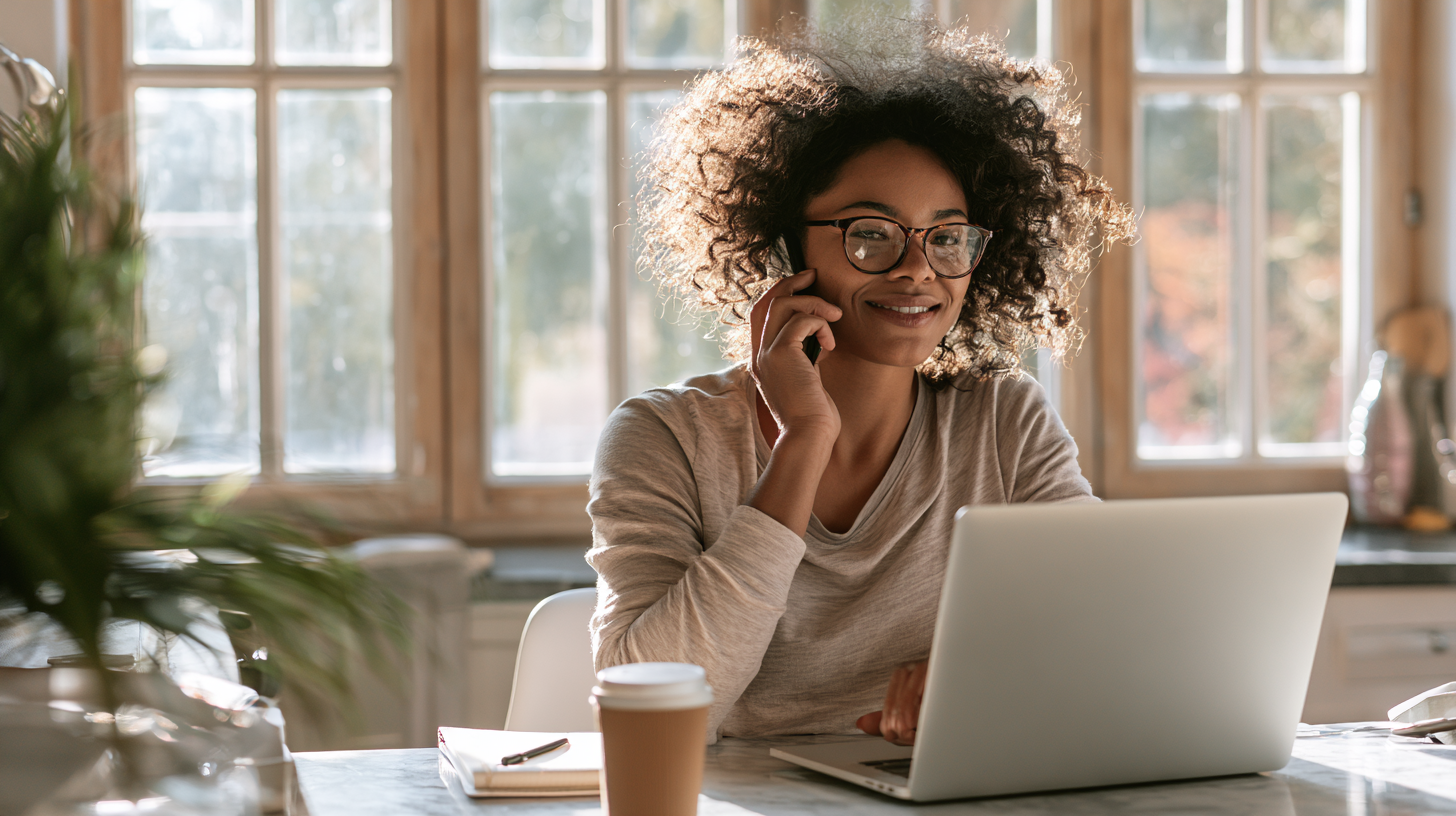 Woman with Curly Hair and Glasses Talking on a Phone While Working on a Laptop at a Bright Kitchen Table with a Coffee Cup Nearby.