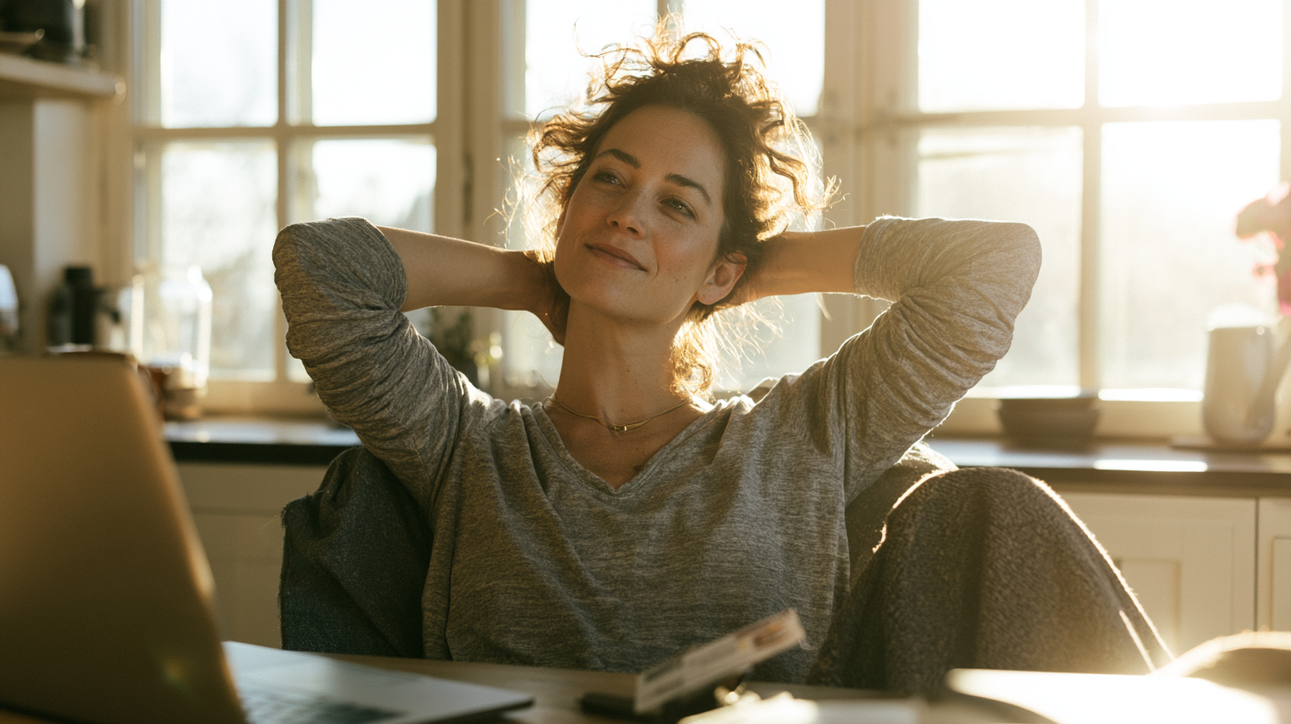 Woman Relaxing at a Sunny Kitchen Table, Hands Behind Her Head, with a Laptop in View Nearby.