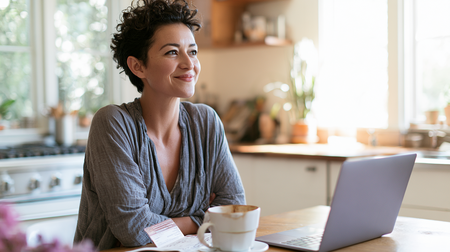 Woman with Short Dark Hair Sits at a Sunlit Kitchen Table, Smiling at an Open Laptop with a Coffee Cup Nearby and Receipts on the Table.