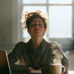 aetna-therapist-wilmington-de - Caring Clarity Counseling Content Woman with Curly Hair Sits at a Sunlit Kitchen Table, Eyes Closed, Smiling, with a Steaming Mug Nearby on the Table.