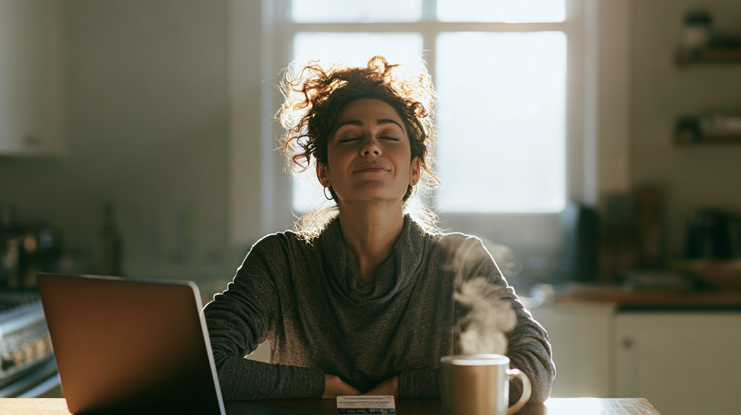 aetna-therapist-wilmington-de - Caring Clarity Counseling Content Woman with Curly Hair Sits at a Sunlit Kitchen Table, Eyes Closed, Smiling, with a Steaming Mug Nearby on the Table.