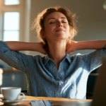 Woman in a striped shirt sits at a table with a laptop, eyes closed, stretching her neck and shoulders in warm morning light in a kitchen.