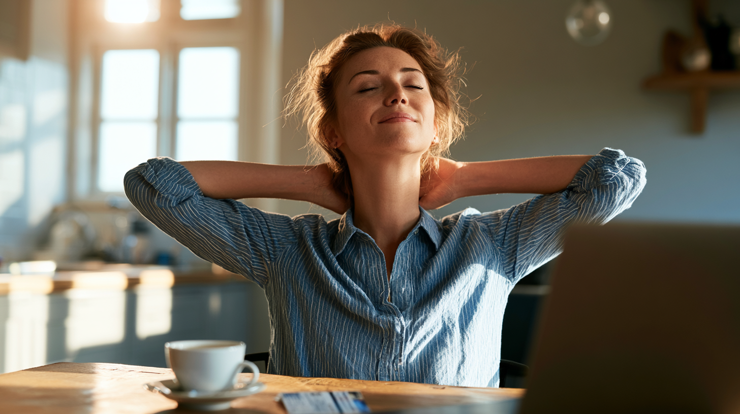 amerihealth-therapist-delaware - Caring Clarity Counseling Woman in a Striped Shirt Sits at a Table with a Laptop, Eyes Closed, Stretching Her Neck and Shoulders in Warm Morning Light in a Kitchen.