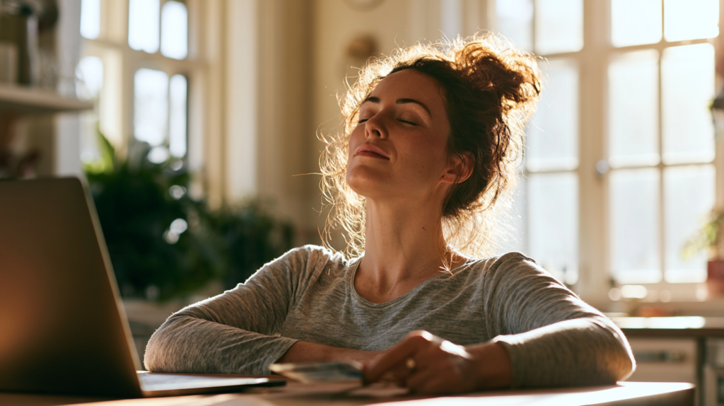 Woman with Closed Eyes, Basking in Sunlight at a Laptop in a Bright Room.