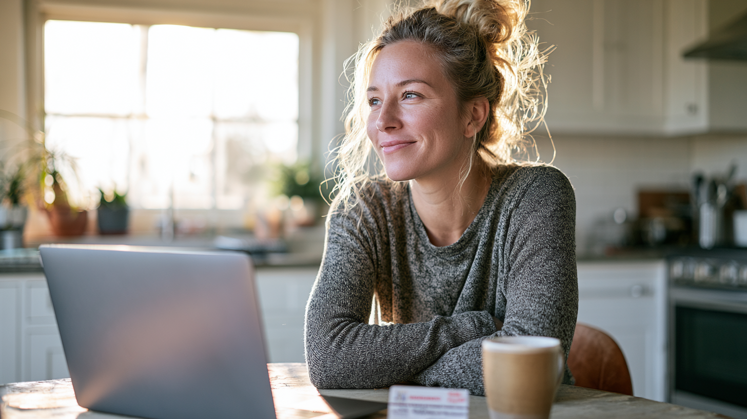 Woman Sits at a Sunlit Kitchen Table with an Open Laptop, Smiling, a Coffee Cup in Front, Enjoying a Moment at Home.