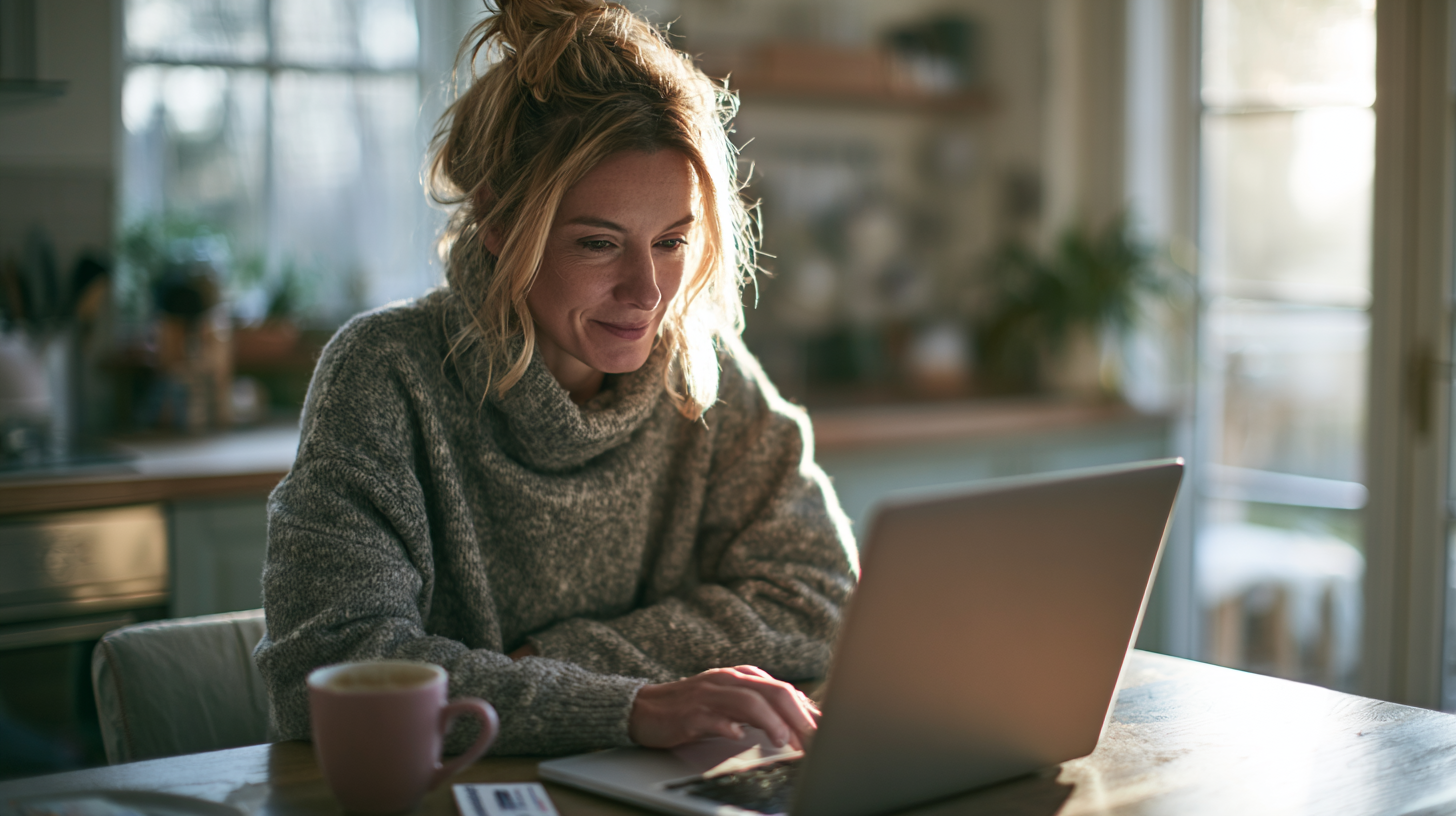 Woman in a Gray Knit Sweater Typing on a Laptop at a Wooden Kitchen Table with a Pink Mug Nearby.