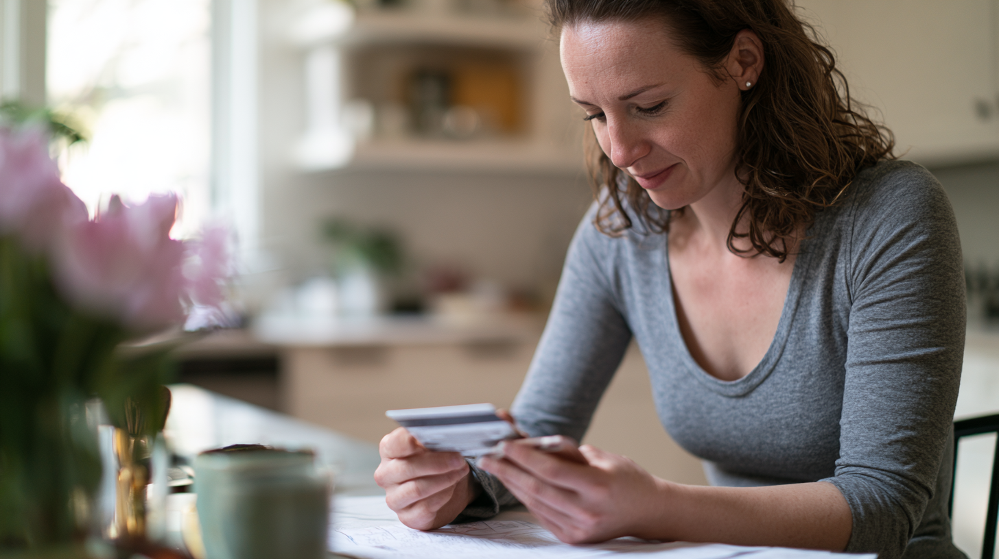 amerihealth-therapist-princeton-nj - Caring Clarity Counseling Woman in a Gray Long-sleeve Top Sits at a Kitchen Table, Reviewing Several Cards in Her Hands.