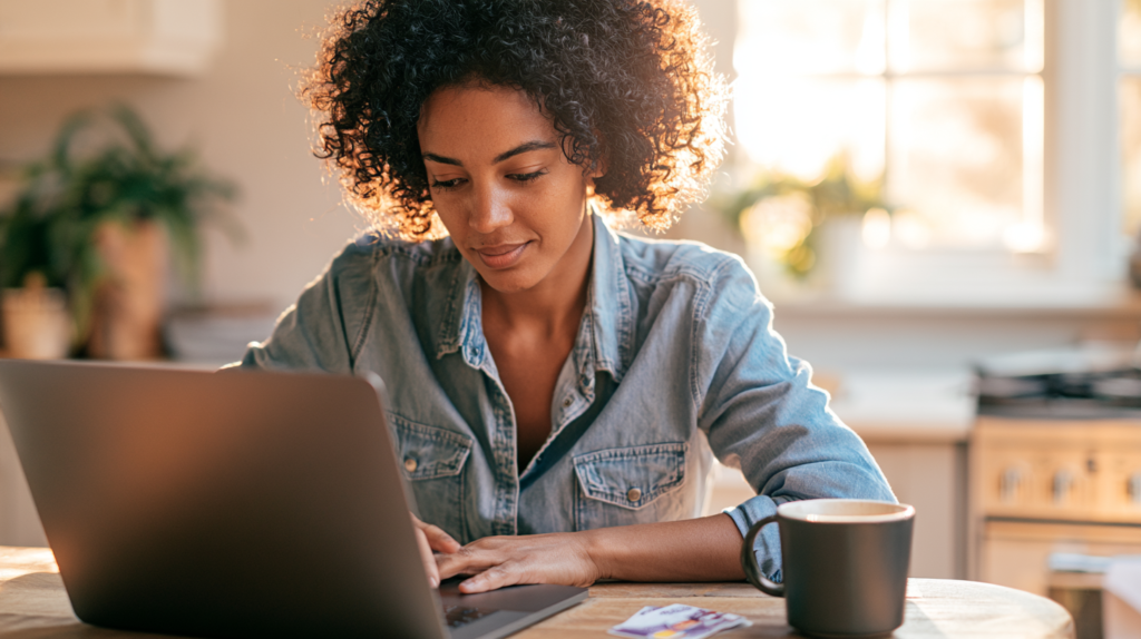 Woman with Curly Hair in a Denim Shirt Works on a Laptop at a Sunlit Kitchen Table, a Mug Nearby.