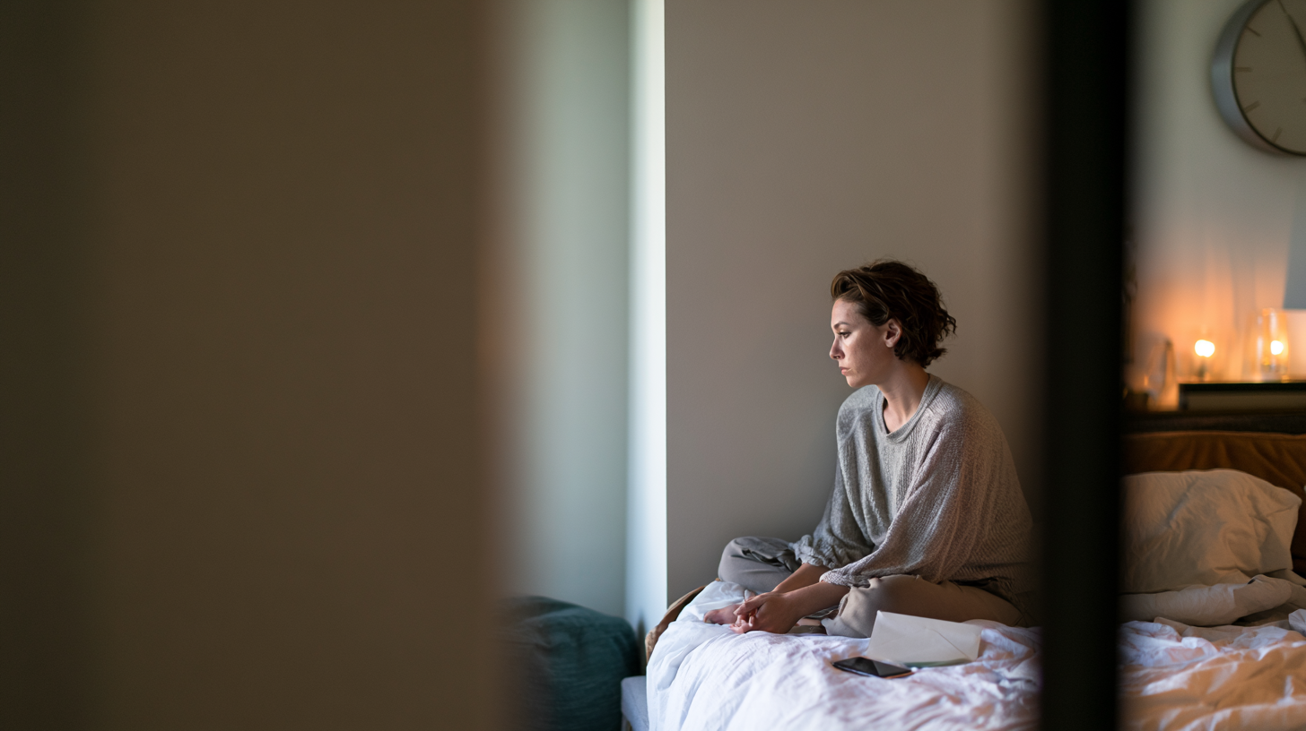 Woman Sits on an Unmade Bed in a Muted Bedroom, Hands Clasped, Looking Downward Near a Window Light.