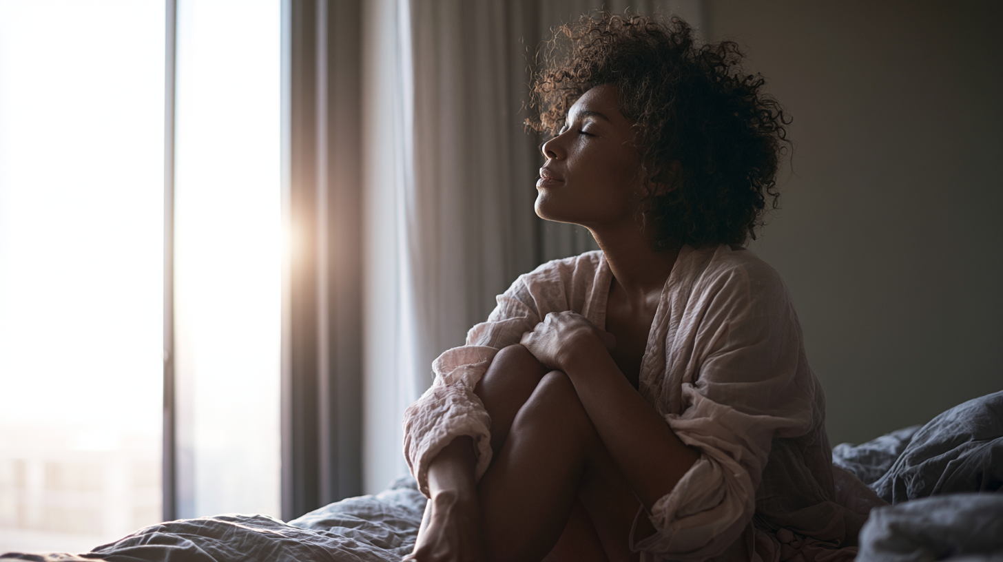 Young Woman with Curly Hair Sits on a Bed by a Sunlit Window, Knees Drawn, Eyes Closed in Peaceful Rest.
