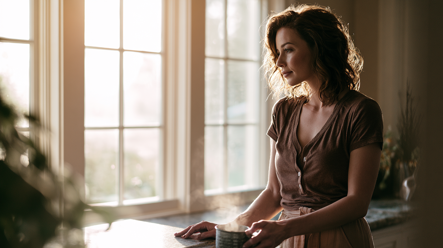anxiety-coping-strategies - Caring Clarity Counseling Woman Standing at a Sunlit Kitchen Window, Holding a Mug and Gazing Thoughtfully to the Side.