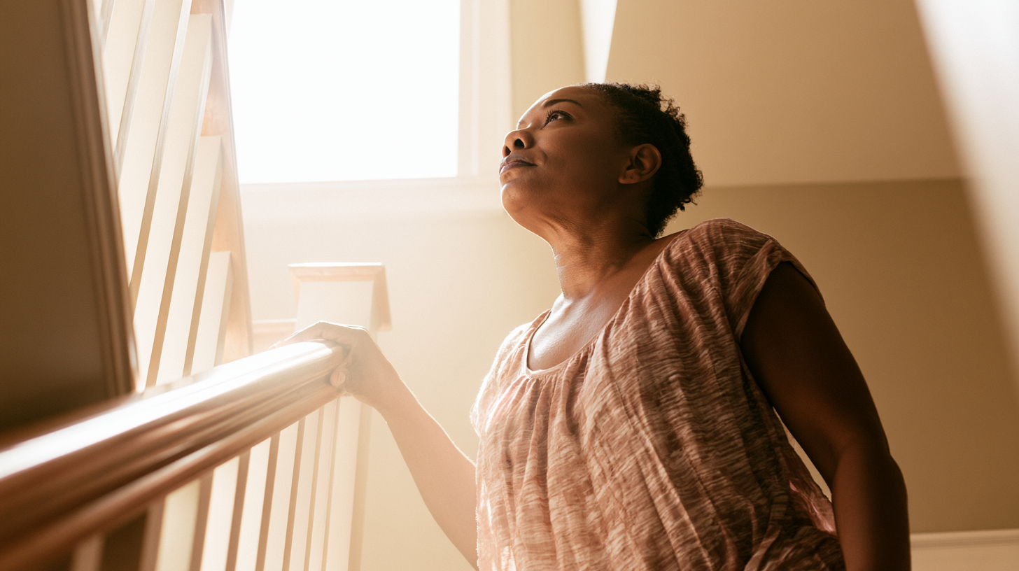 Woman on a Staircase, Gripping the Wooden Handrail and Looking Up Toward a Bright Window.