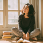 Woman Sits Cross‑legged on a Wooden Floor by a Sunlit Window, Reading an Open Book with a Stack of Books Beside Her