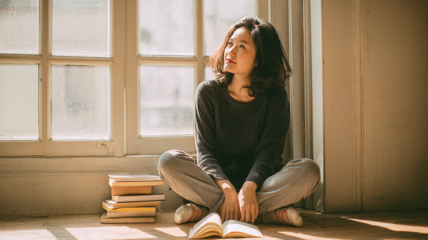 Woman Sits Cross‑legged on a Wooden Floor by a Sunlit Window, Reading an Open Book with a Stack of Books Beside Her