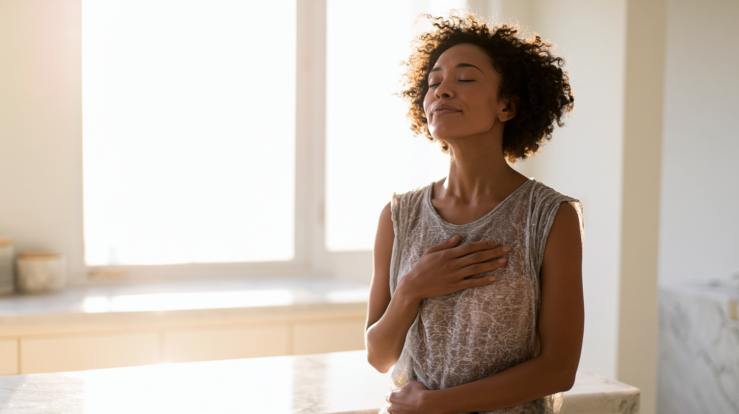 Woman with Curly Hair in a Sleeveless Top Stands in a Sunlit Kitchen, Eyes Closed, Hand on Her Chest in a Moment of Calm.