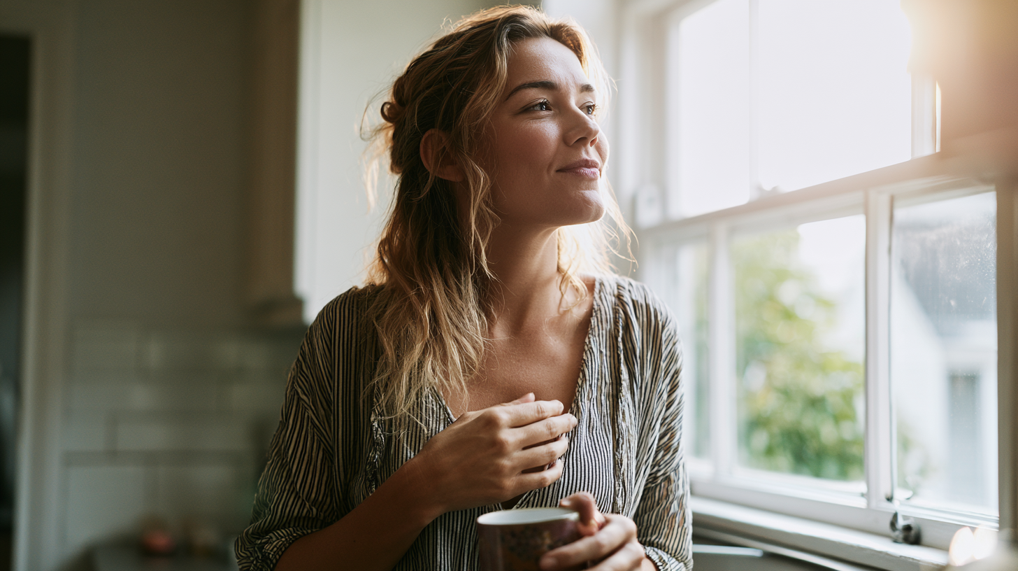 Woman Standing by a Sunlit Window, Holding a Mug and Gazing Thoughtfully Ahead.