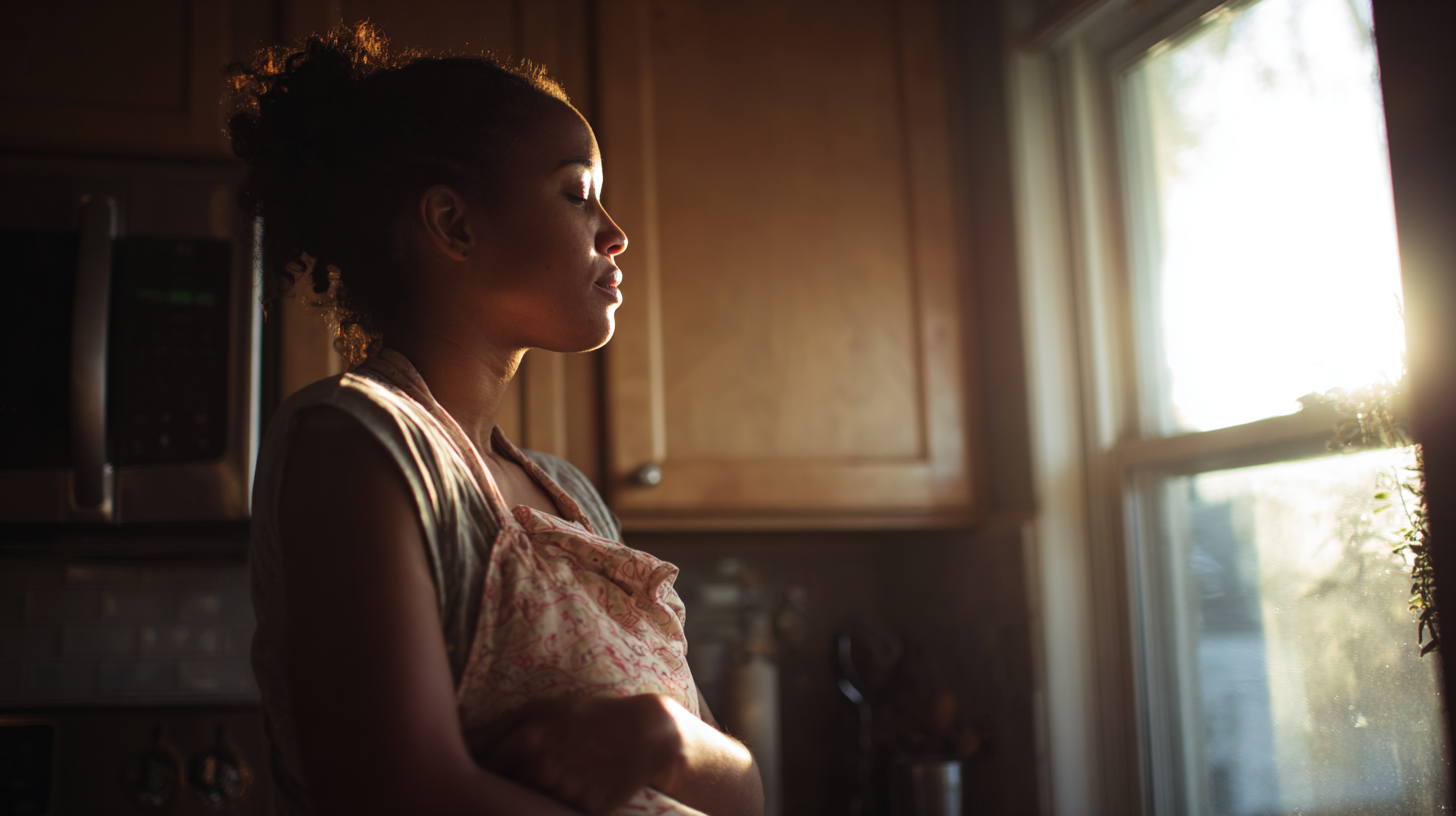 Woman in a Kitchen Wearing an Apron Stands in Profile As Warm Sunlight Pours in from a Window, Eyes Closed in a Calm Moment.