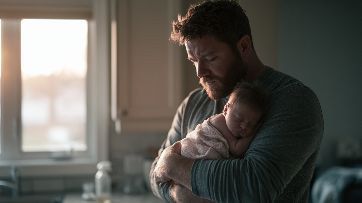 can-men-get-postpartum-depression - Caring Clarity Counseling Bearded Man Tenderly Cradles a Sleeping Newborn in a Sunlit Kitchen Window. (informative)