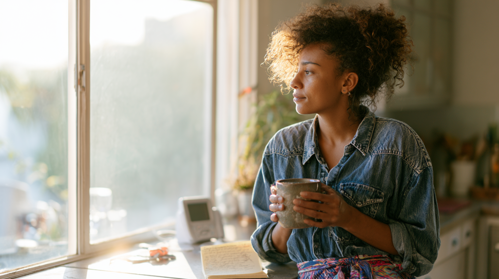 Woman with Curly Hair in a Denim Shirt Sits by a Sunlit Kitchen Window, Holding a Mug and Looking Contemplatively Outside.