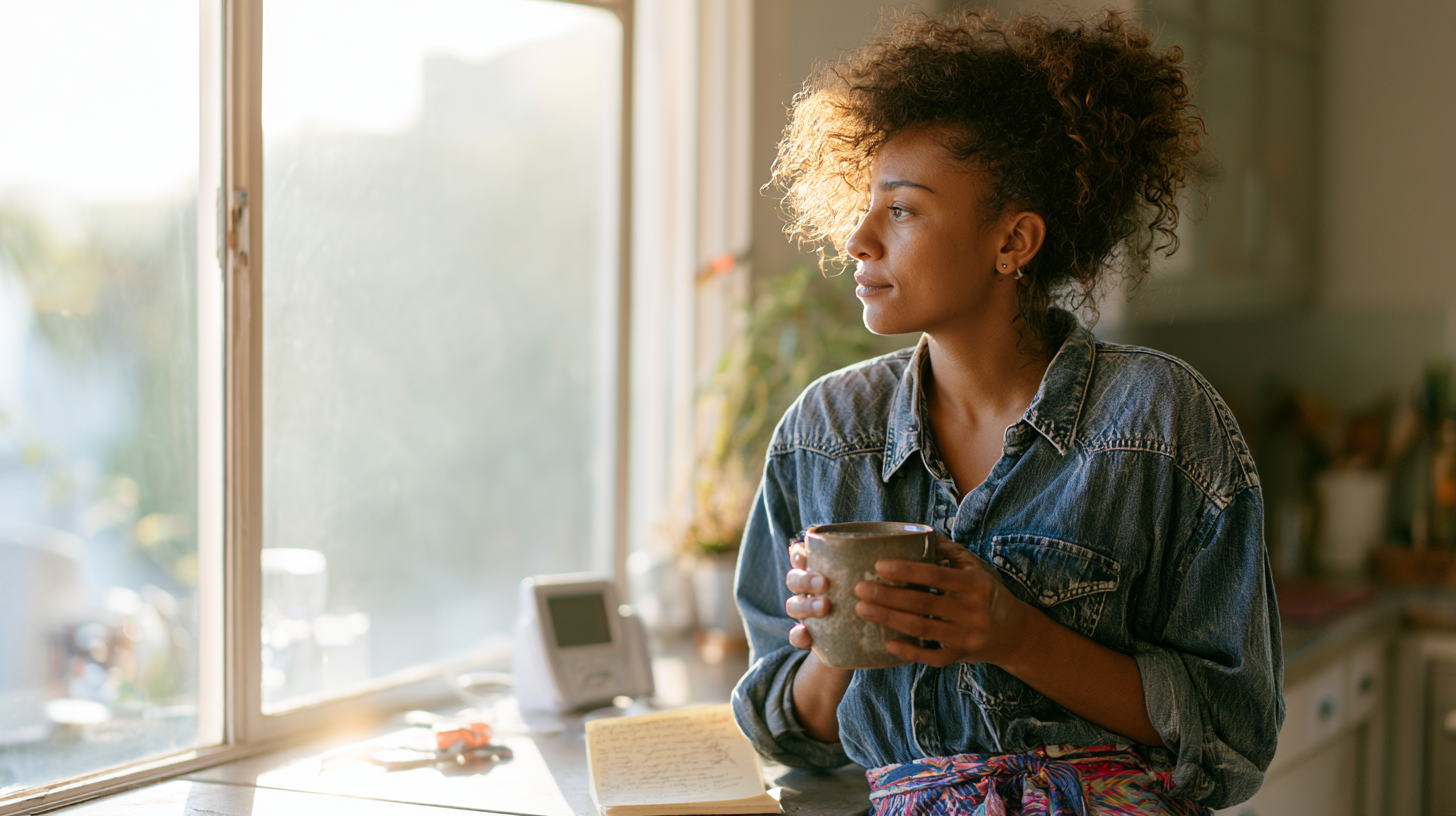 Woman with Curly Hair in a Denim Shirt Sits by a Sunlit Kitchen Window, Holding a Mug and Looking Contemplatively Outside.