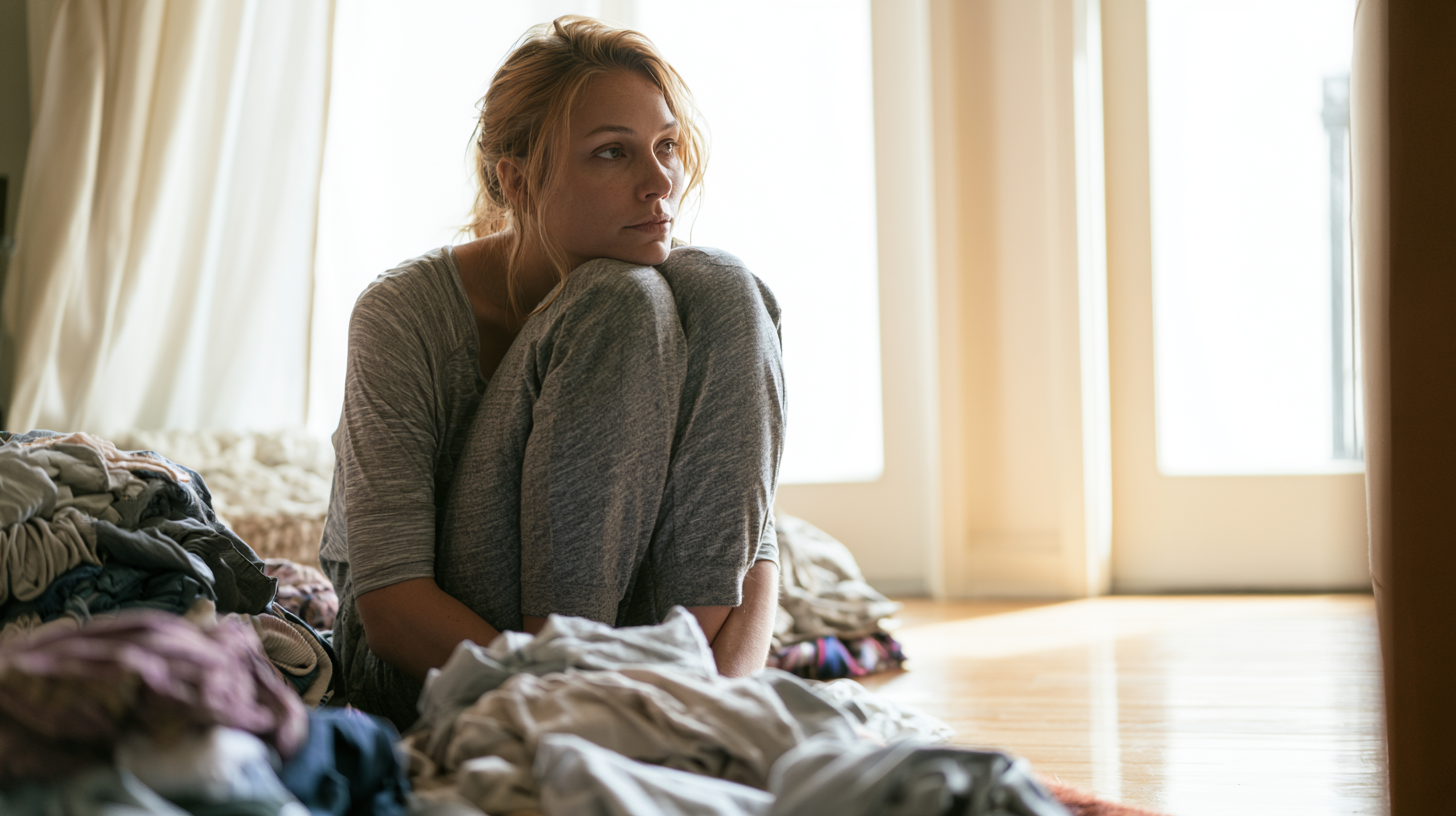 Woman Sits on the Floor Among a Pile of Laundry, Gazing Pensively Toward a Sunlit Window, Looks Tired or Overwhelmed by Chores.