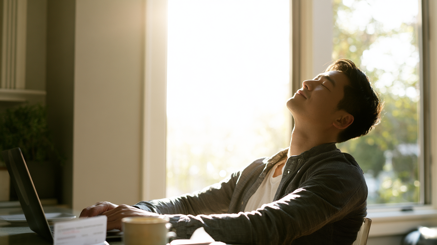cigna-therapist-jersey-city-nj - Caring Clarity Counseling Man Seated at a Desk with a Laptop, Eyes Closed and Head Tilted Back As Sunlight Pours Through a Large Window Behind Him.