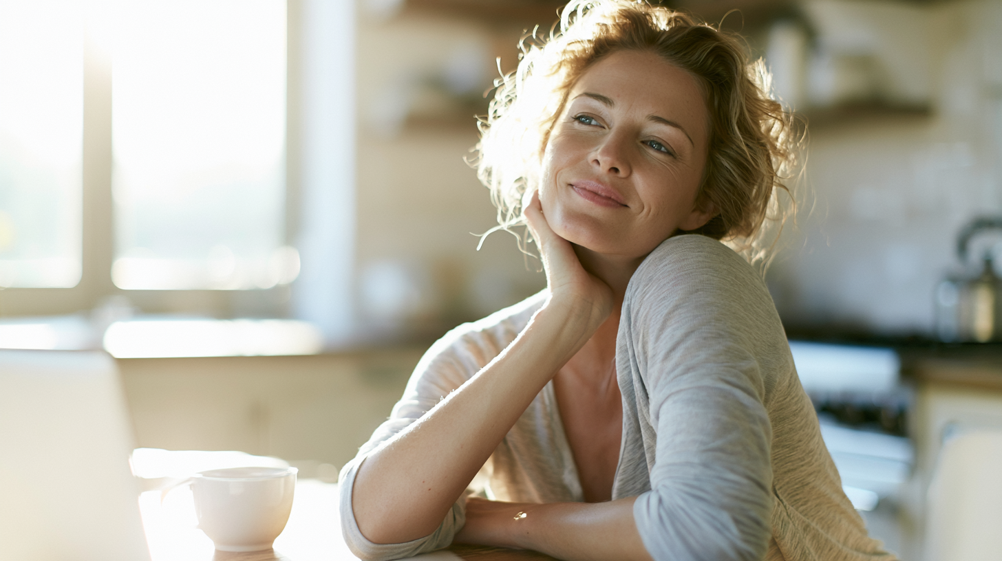 Woman Sits at a Sunlit Kitchen Table, Resting Her Chin on Her Hand and Smiling by a White Mug of Coffee.",