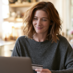 Woman with Red Hair at a Kitchen Table, Smiling at a Laptop While Holding a Credit Card.