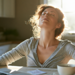 Woman Sits at a Kitchen Table with Eyes Closed, Soaking Up Sunlight."