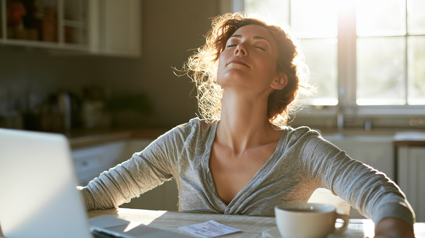 Woman Sits at a Kitchen Table with Eyes Closed, Soaking Up Sunlight."