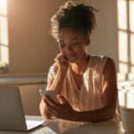 Smiling Woman Sits at a Sunlit Kitchen Counter, Using Her Smartphone with a Laptop Open Nearby.
