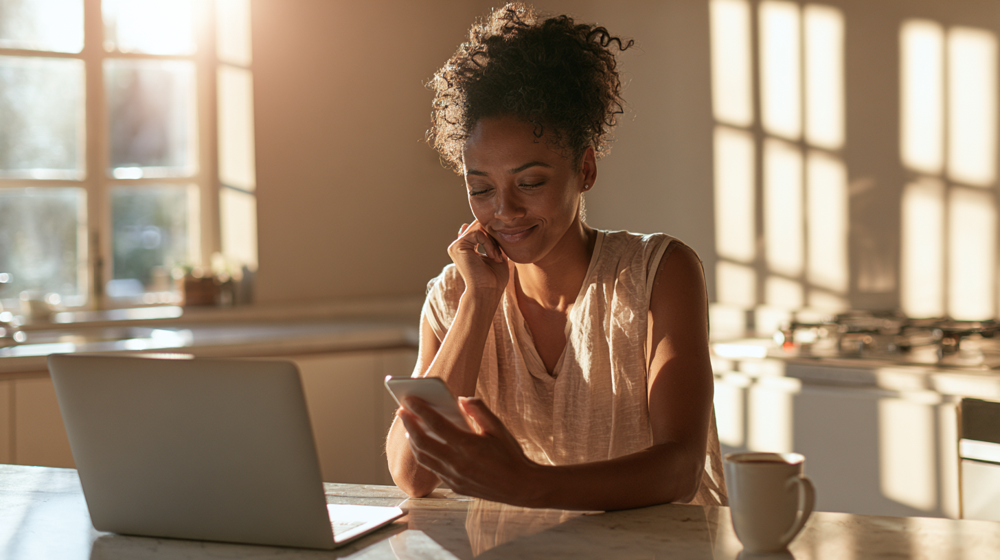 cigna-therapist-princeton-nj - Caring Clarity Counseling Smiling Woman Sits at a Sunlit Kitchen Counter, Using Her Smartphone with a Laptop Open Nearby.