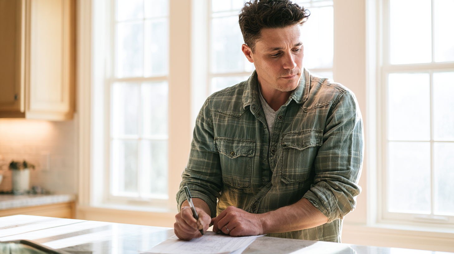 cognitive-behavioral-trauma-therapy - Caring Clarity Counseling Man in a Green Plaid Shirt Writing on a Document at a Bright Kitchen Island with Sunlight Streaming in Through Large Windows.