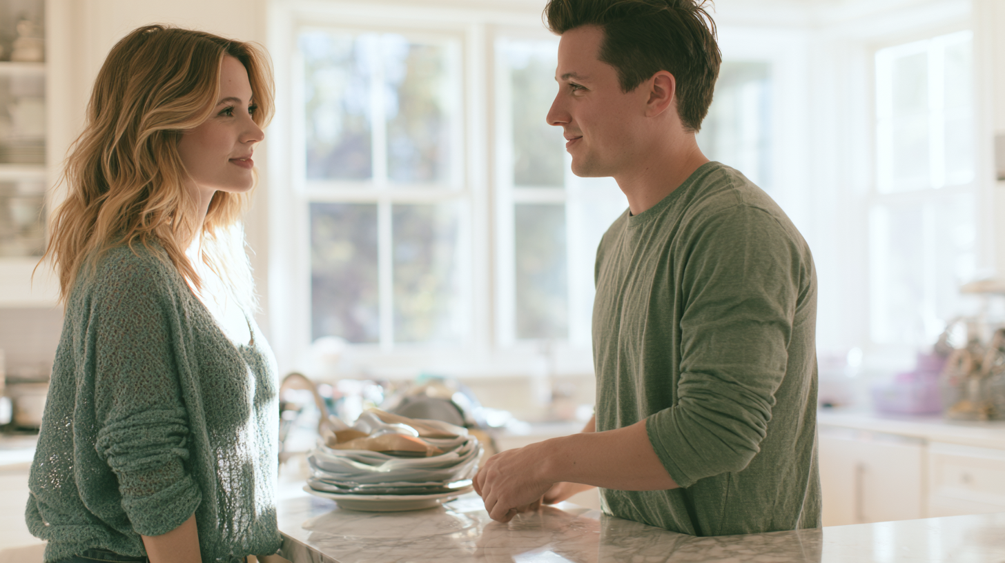 couples-counseling-relationship-problems - Caring Clarity Counseling a Man and Woman Stand at a Kitchen Island, Facing Each Other and Smiling, with a Stack of Plates in Between Them.