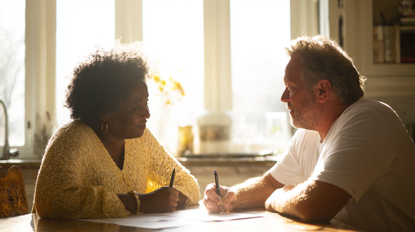 Two Adults Sit at a Sunlit Kitchen Table, Signing Papers with Pens and Smiling at Each Other.