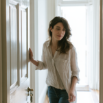 Woman in a Light Blouse and Jeans Stands in a Doorway, Hand on the Door Frame, Smiling in a Sunlit Hallway.
