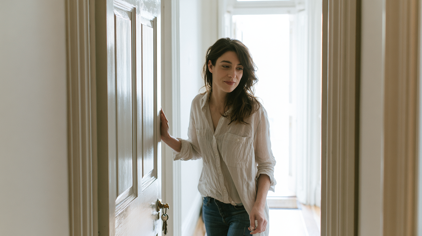 Woman in a Light Blouse and Jeans Stands in a Doorway, Hand on the Door Frame, Smiling in a Sunlit Hallway.