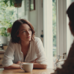 Woman with Short Brown Hair in a White Shirt Sits at a Wooden Table in a Sunlit Kitchen, Talking to Someone Off-camera, with a Mug in Front.