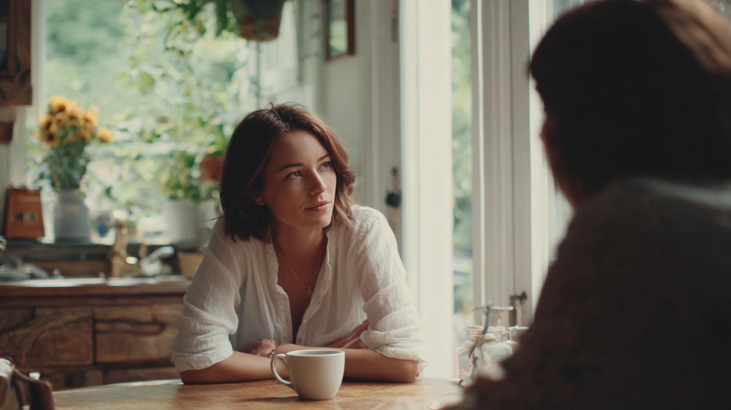 Woman with Short Brown Hair in a White Shirt Sits at a Wooden Table in a Sunlit Kitchen, Talking to Someone Off-camera, with a Mug in Front.