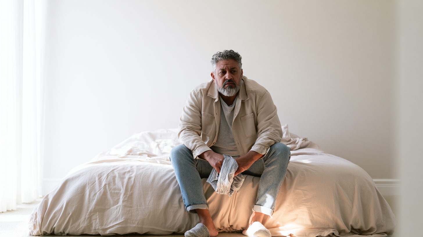 Man with Gray Beard Sits on the Edge of a Bed in a Bright, Minimalist Bedroom, Holding a Striped Cloth and Looking Thoughtful.