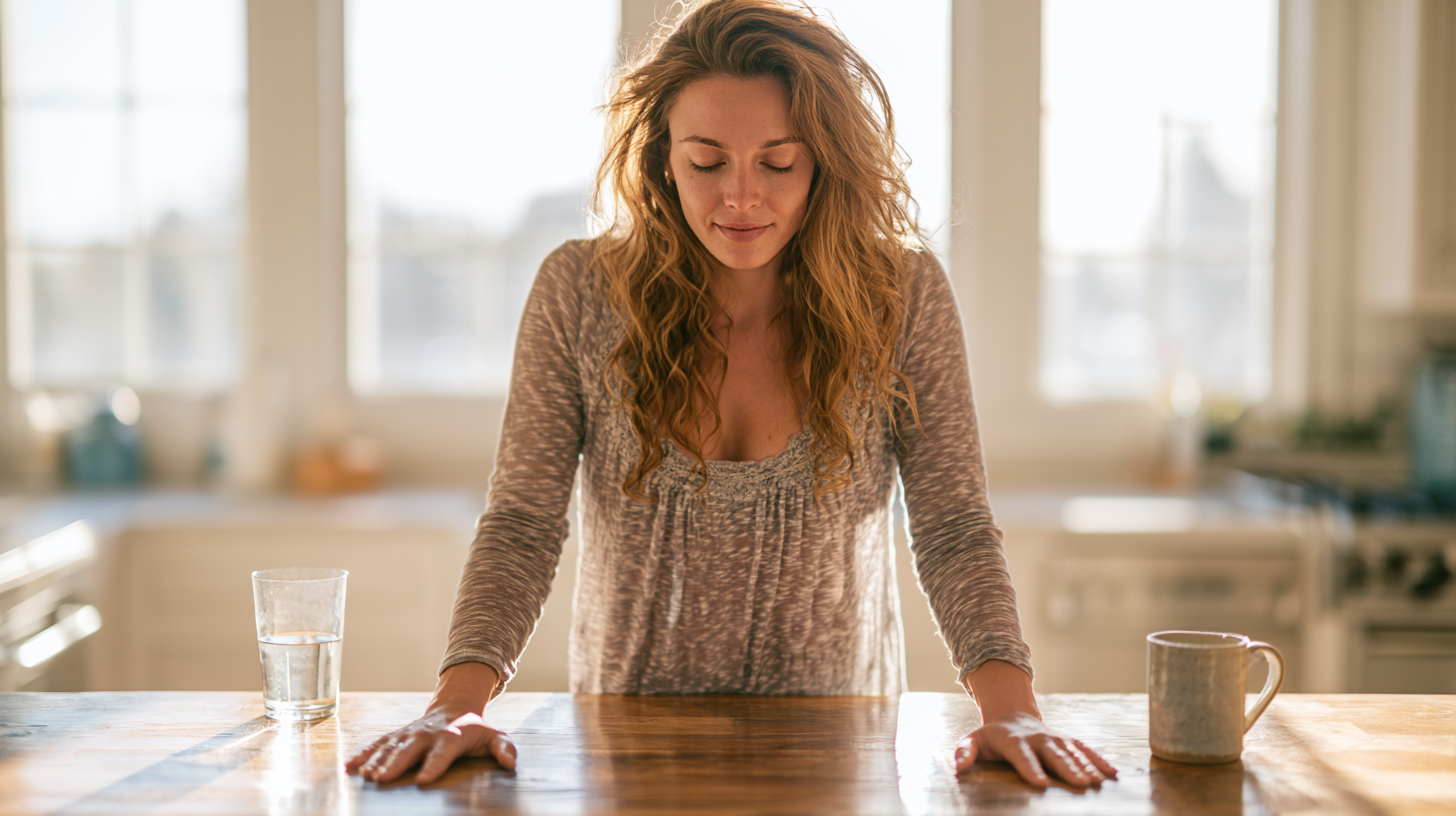 dialectical-behavior-therapy - Caring Clarity Counseling Woman Standing at a Sunlit Kitchen Table with Her Hands Resting Flat on the Wood, Eyes Closed, Glass of Water on Her Left and a Mug on Her Right.
