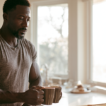 a Man in a Gray T-shirt Stands in a Sunlit Kitchen, Holding Two Mugs by a Window.