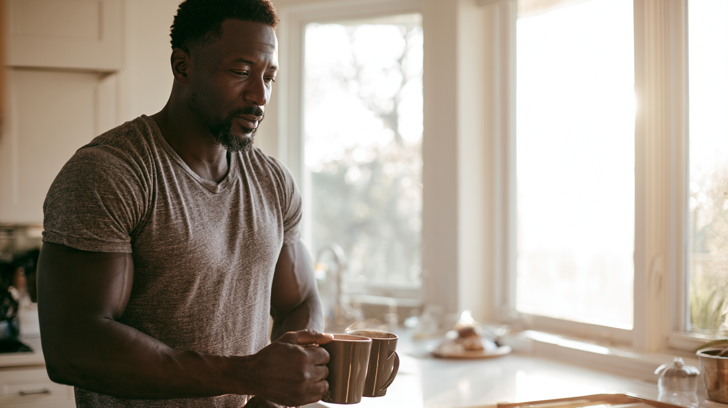 a Man in a Gray T-shirt Stands in a Sunlit Kitchen, Holding Two Mugs by a Window.